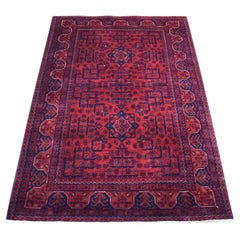 3
4 "x4
9" Tappeto afgano di lana morbida Khamyab annodato a mano di colore rosso intenso e saturo