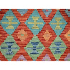 3'4 "x4'9" Alfombra Afgana Kilim Geométrica Naranja Tejida a Mano en Lana Plana