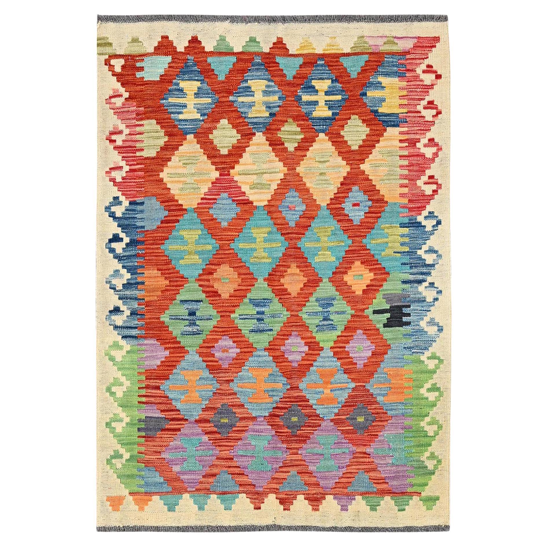3'4"x4'9" Orange Afghan Kilim Geometric Pattern Hand Woven Flat Weave Wool Rug