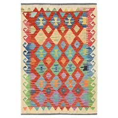 3'4"x4'9" Orange Afghan Kilim Geometric Pattern Hand Woven Flat Weave Wool Rug