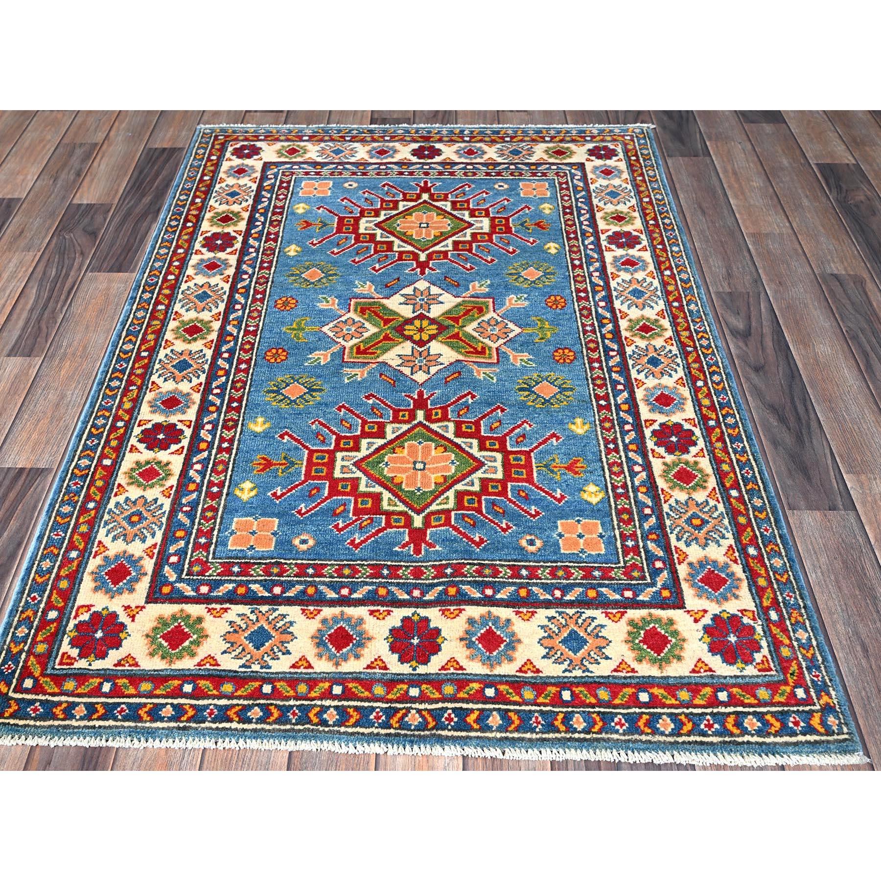 Carolina Blue, Kazak with Tribal Medallions Design, Hand Knotted, Vegetable Dyes, Denser Weave, Pure Wool, Oriental Rug
Primary materials: Wool
Latex: No Pile 
height: 0.25 Inches
Style: Traditional
Primary color: Blue
Secondary colors: Red, Green,