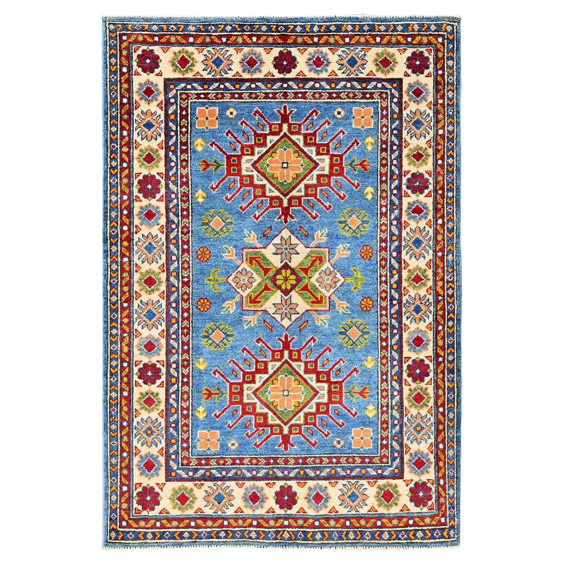 3
4"x5
 Blue Kazak Tribal Medallions Design Hand Knotted All Wool Oriental Rug in vendita