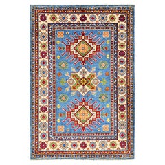 3
4"x5
Blue Kazak Tribal Medallions Design Hand Knotted All Wool Oriental Rug