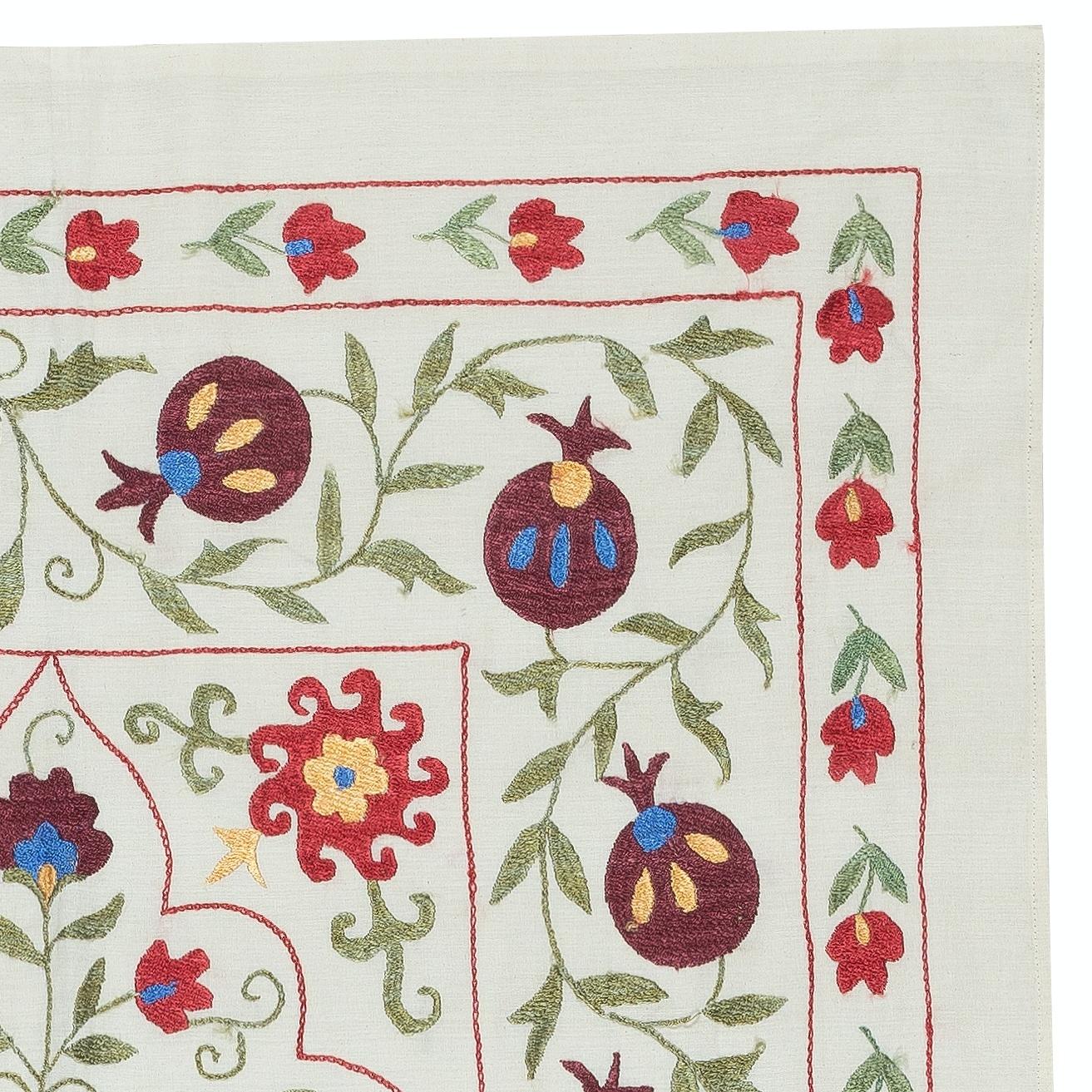 Central Asian 3.4x5 Ft Hand Embroidered Silk & Cotton Wall Hanging. Modern Suzani Fabric Throw For Sale