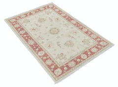 3.4x5 ft Hand Knotted Floral Oushak Accent Rug with Beige Field and Red Border