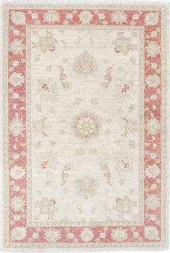 3.4x5 ft Hand Knotted Floral Oushak Accent Rug with Beige Field and Red Border