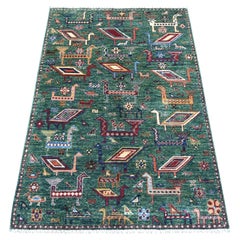 3'4 "x5' Green Hand Knotted Afghan Sultani Ancient Bird Figurines Wool Rugs (Tappeto di lana con figure di uccelli antichi)