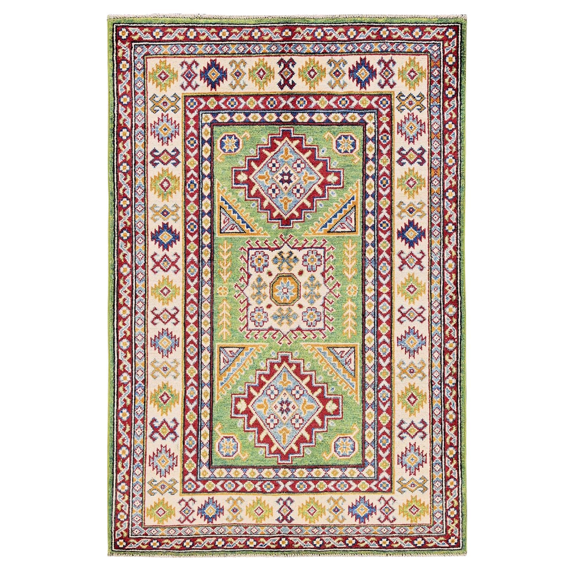 3
4"x5
Green Kazak with Geometric Medallions Design Hand Knotted All Wool Rug