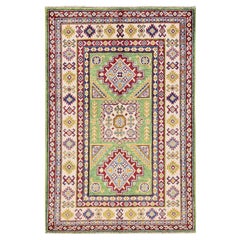 3
4"x5
Green Kazak with Geometric Medallions Design Hand Knotted All Wool Rug