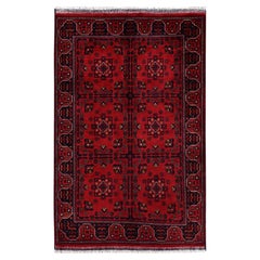 3'4"x5' Red Afghan Andkhoy with Geometric Motif Hand Knotted Wool Oriental Rug