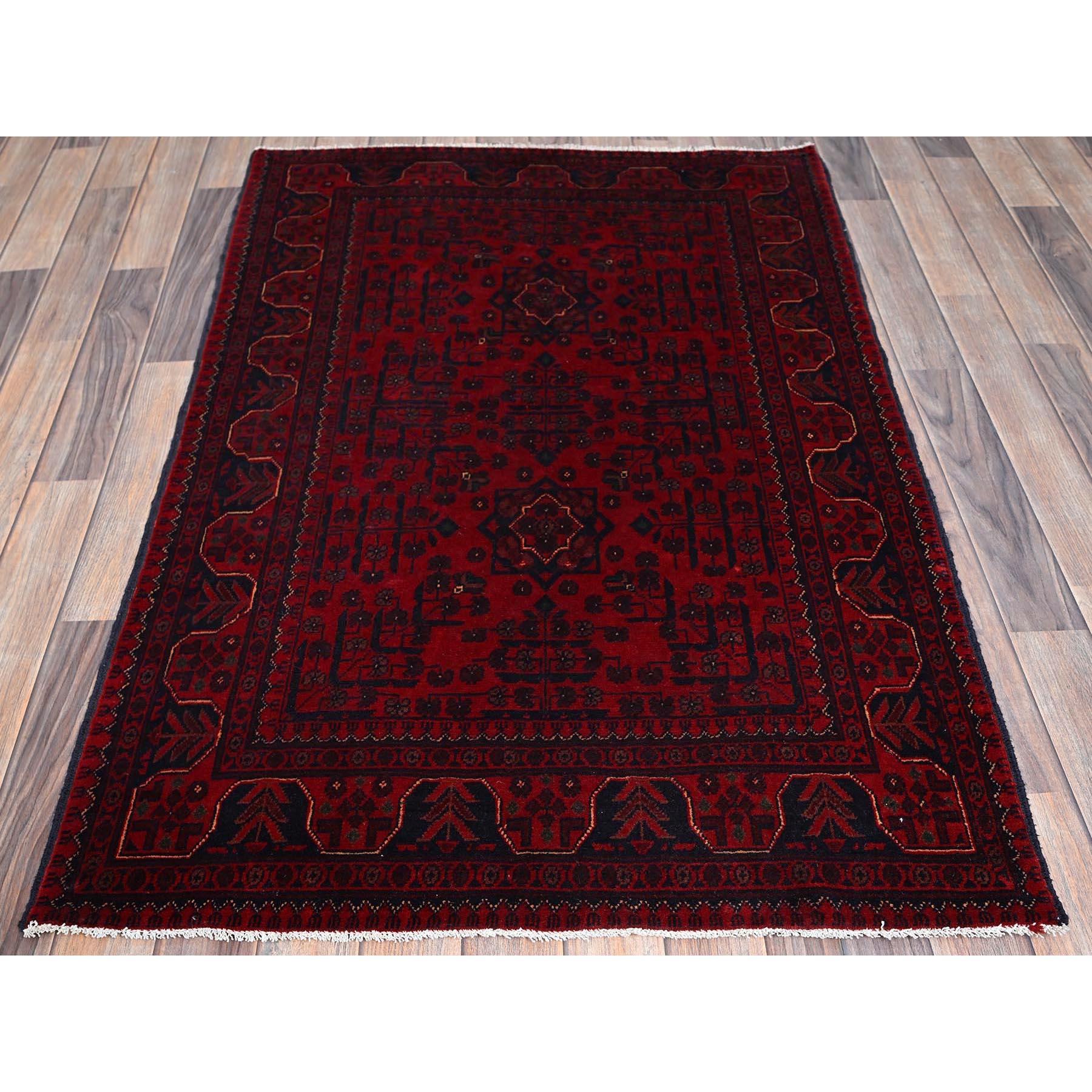 Scarlet Red, Afghan Khamyab with Geometric Design, Soft and Velvety Wool, Hand Knotted, Vegetable Dyes, Oriental Rug
Primary materials: Wool
Latex: No Pile 
height: 0.25 Inches
Style: Traditional
Primary color: Red
Secondary colors: Midnight Blue,