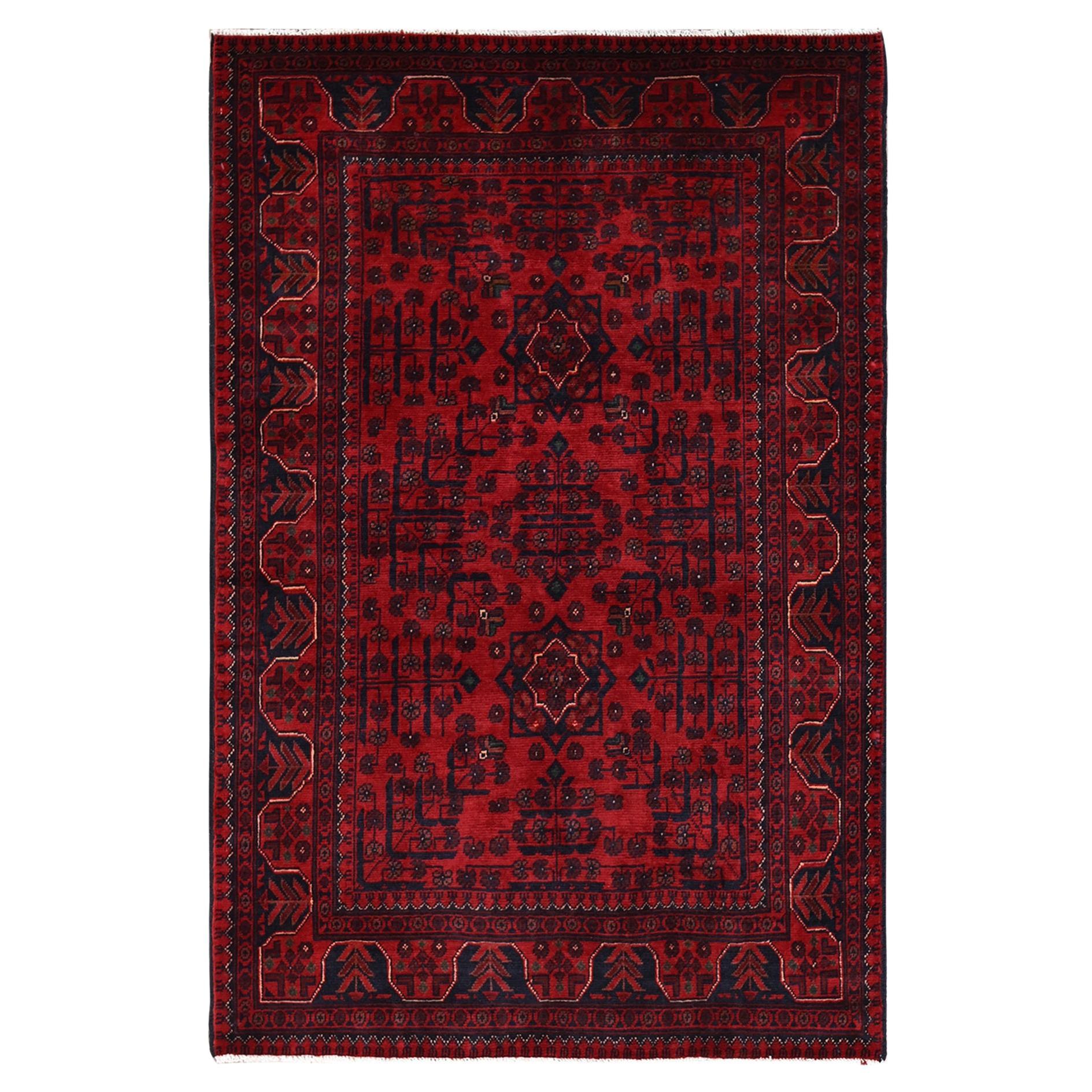 3'4"x5' Red Afghan Khamyab with Geometric Design Soft Wool Hand Knotted Rug