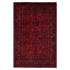 3'4"x5' Red Afghan Khamyab with Geometric Design Soft Wool Hand Knotted Rug