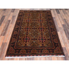 3'4"x5'1" Amber Brown Afghan Andkhoy with Geometric Motif Hand Knotted Wool Rug