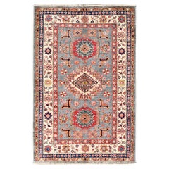 3'4"x5'1" Gray Hand Knotted Wool Super Kazak Triple Medallion Design Rug
