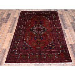 3'4"x5'1" Red Afghan Andkhoy with Geometric Medallion Hand Knotted Soft Wool Rug