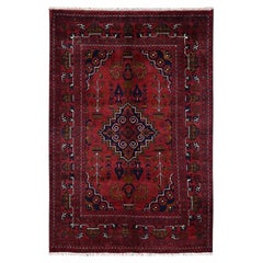 3'4"x5'1" Red Afghan Andkhoy with Geometric Medallion Hand Knotted Soft Wool Rug