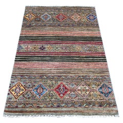 3'4"x5'1" Vintage Gray Hand Knotted Wool Super Kazak Khorjin Oriental Rug