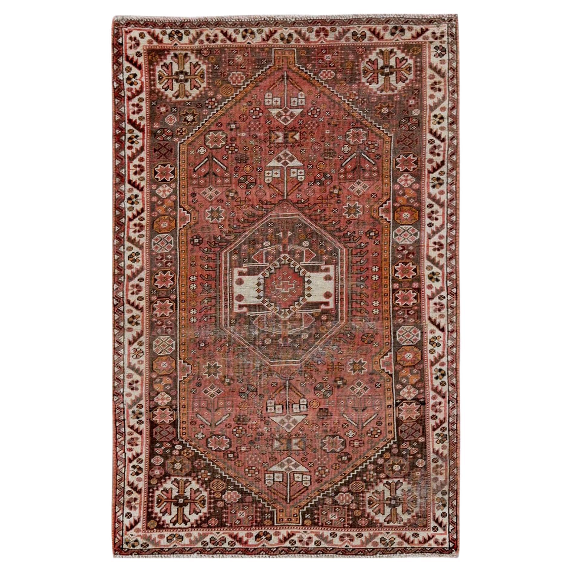 3'4"x5'2" Koralle Rot Vintage Persischer Shiraz Handgeknüpfter Orientalischer Teppich aus reiner Wolle