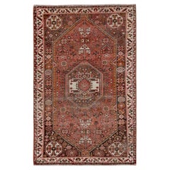 3'4"x5'2" Coral Red Vintage Persian Shiraz Hand Knotted Pure Wool Oriental Rug