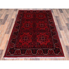 3'4"x5'2" Red Afghan Andkhoy with Geometric Motif Soft Wool Hand Knotted Rug