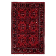 3'4"x5'2" Red Afghan Andkhoy with Geometric Motif Soft Wool Hand Knotted Rug