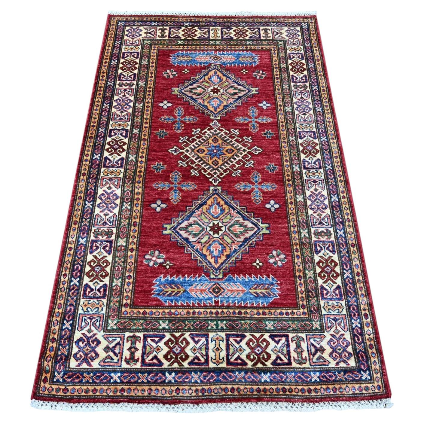 3'4"x5'7" Ruby Red Afghan Super Kazak Medallions Design Hand Knotted Wool Rug