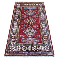3'4"x5'7" Ruby Red Afghan Super Kazak Medallions Design Hand Knotted Wool Rug