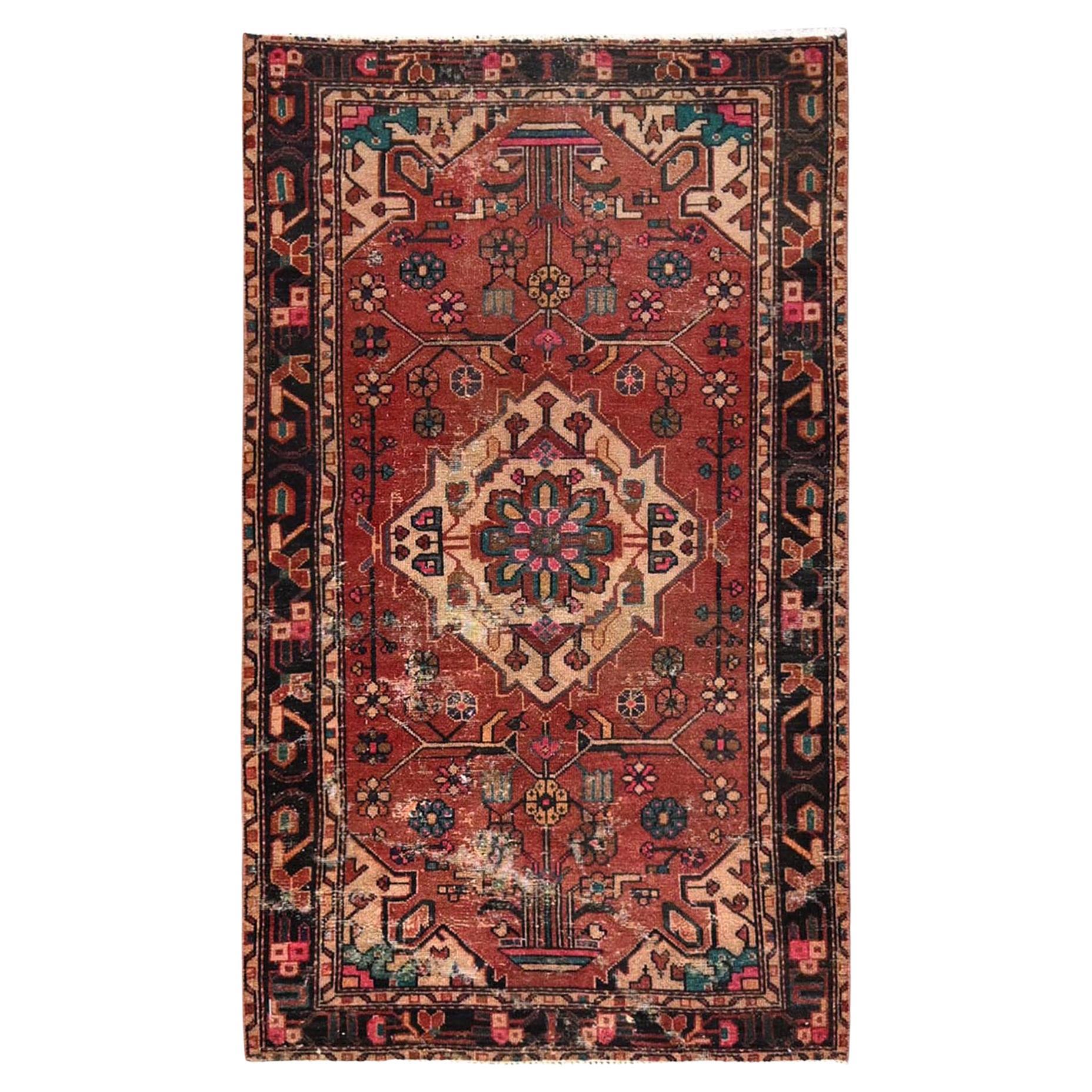 3
4"x5
9" Brick Red Worn Out Vintage Persian Hamadan Hand Knotted Pure Wool Rug