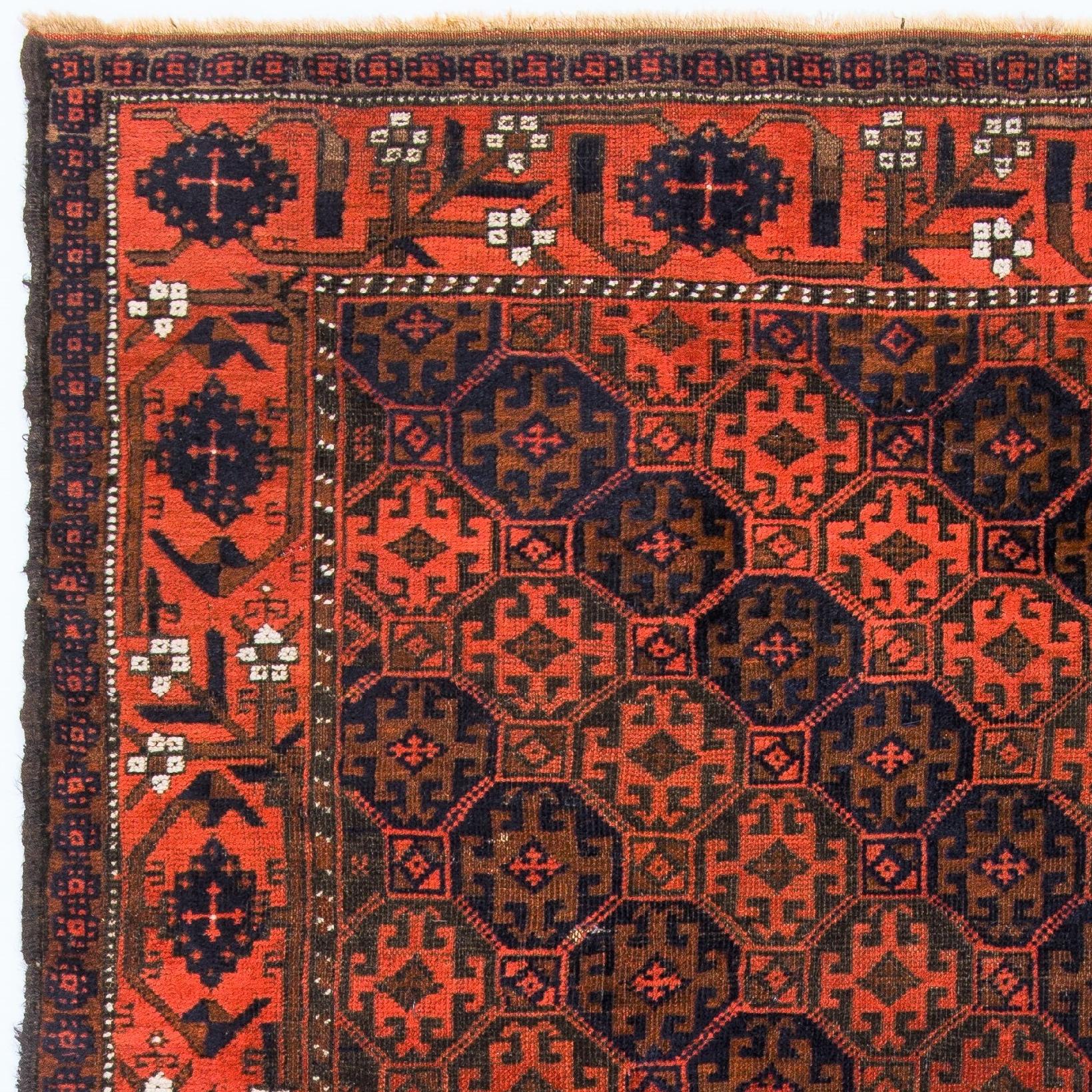 Hand-Knotted 3.4x6.2 Ft Rare Antique Tribal Baluch Rug from Afghanistan, Ca 1880, 100% Wool For Sale
