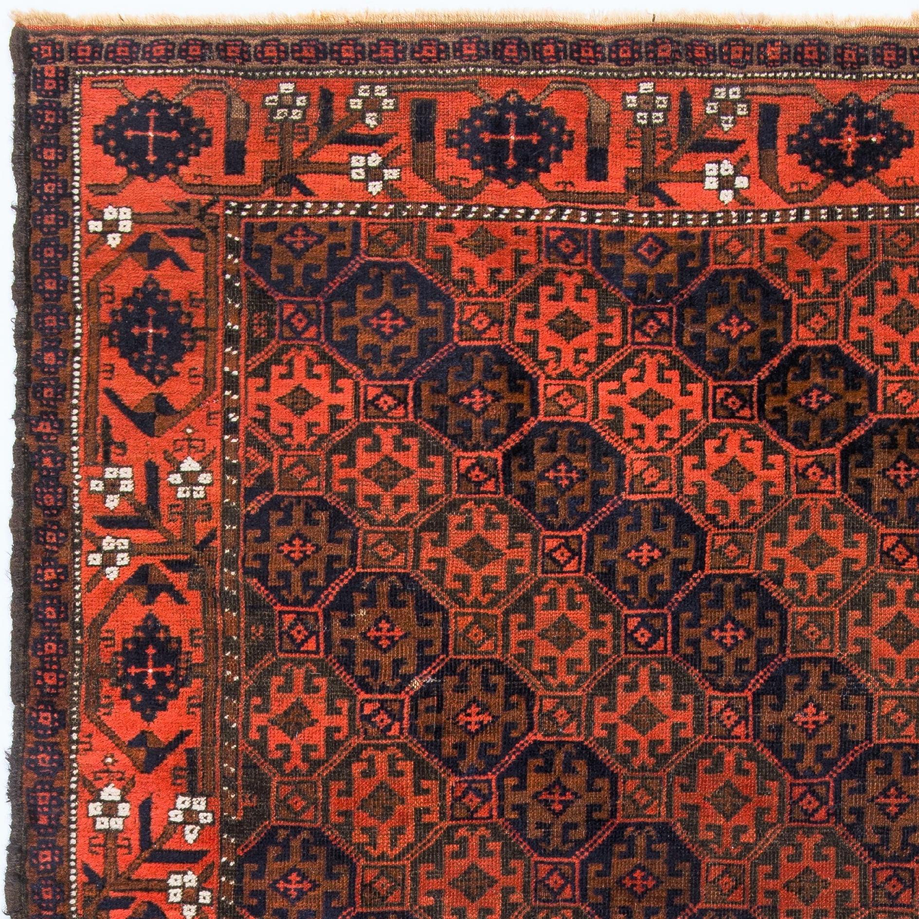 Antique Tribal Baluch rug from Afghanistan, Ca 1880. Finely hand-knotted with even medium wool pile on wool foundation. Very good condition. Sturdy and as clean as a brand new rug (deep washed professionally. Measures: 3.4 x 6.2 Ft.
