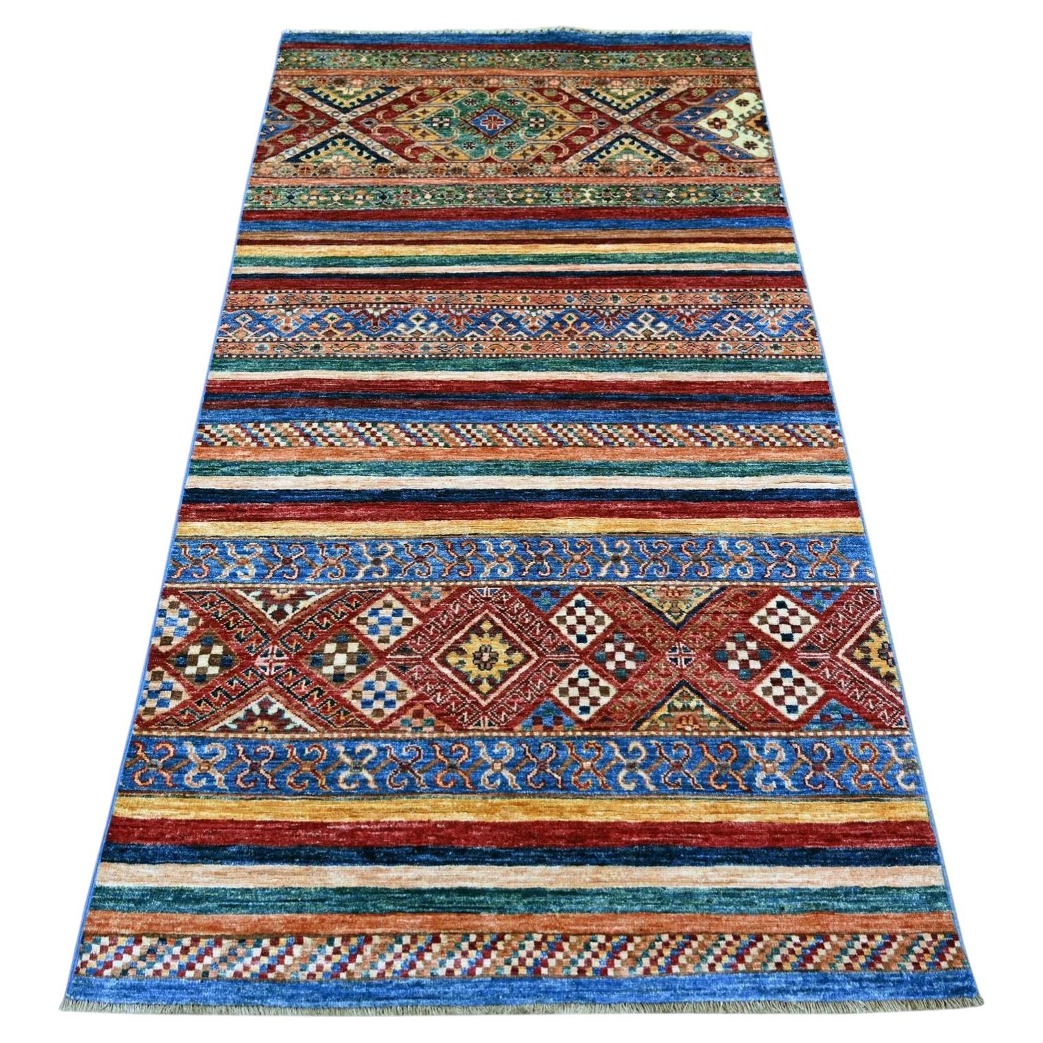 3'4"x6'3" Colorful Pure Wool Hand Knotted Afghan Super Kazak Wide Runner Rug