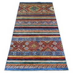 3'4"x6'3" Colorful Pure Wool Hand Knotted Afghan Super Kazak Wide Runner Rug