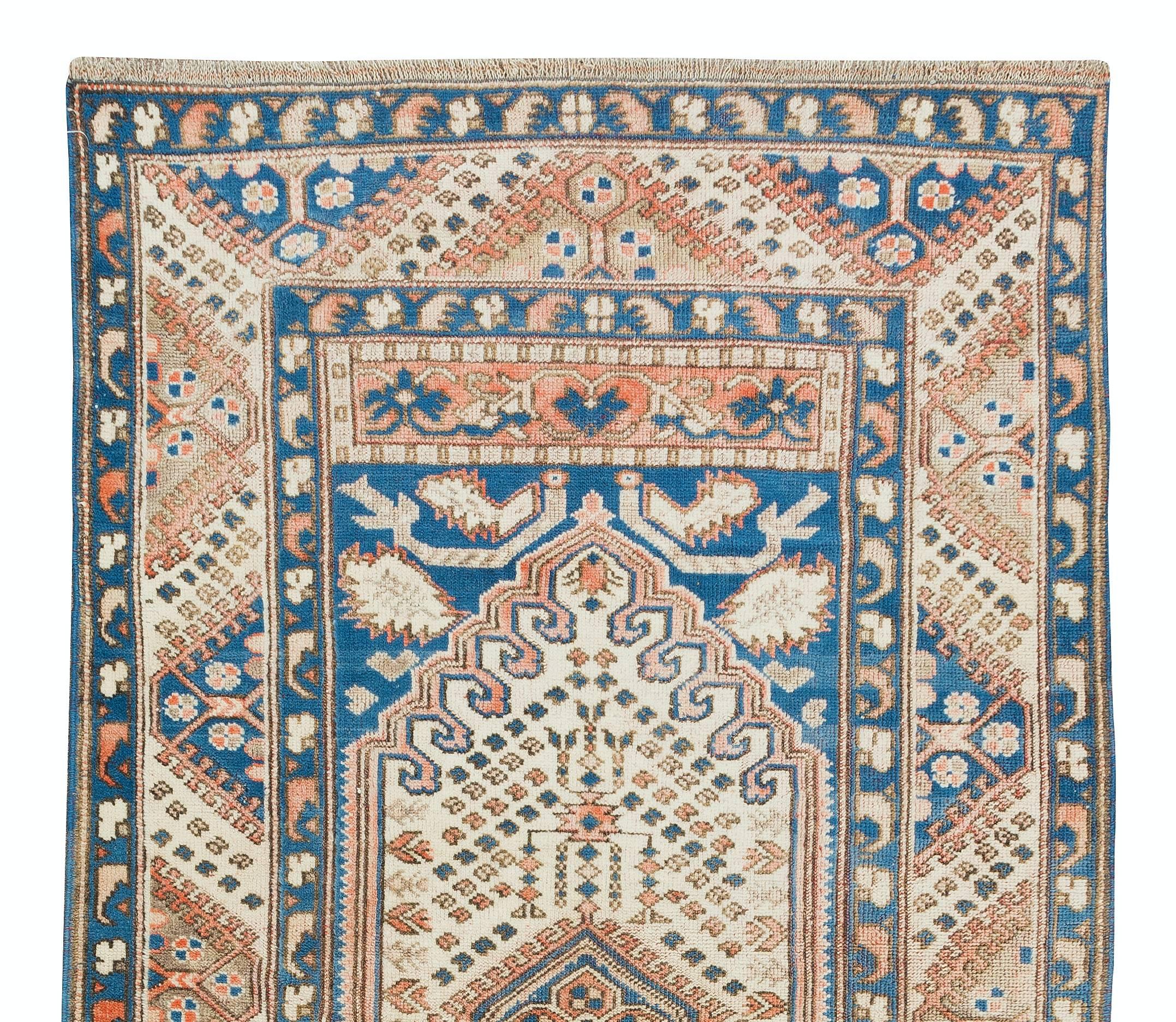 Hand-Knotted 3.4x6.3 Ft Traditional Geometric Turkish Accent Rug. Vintage Handmade Carpet For Sale