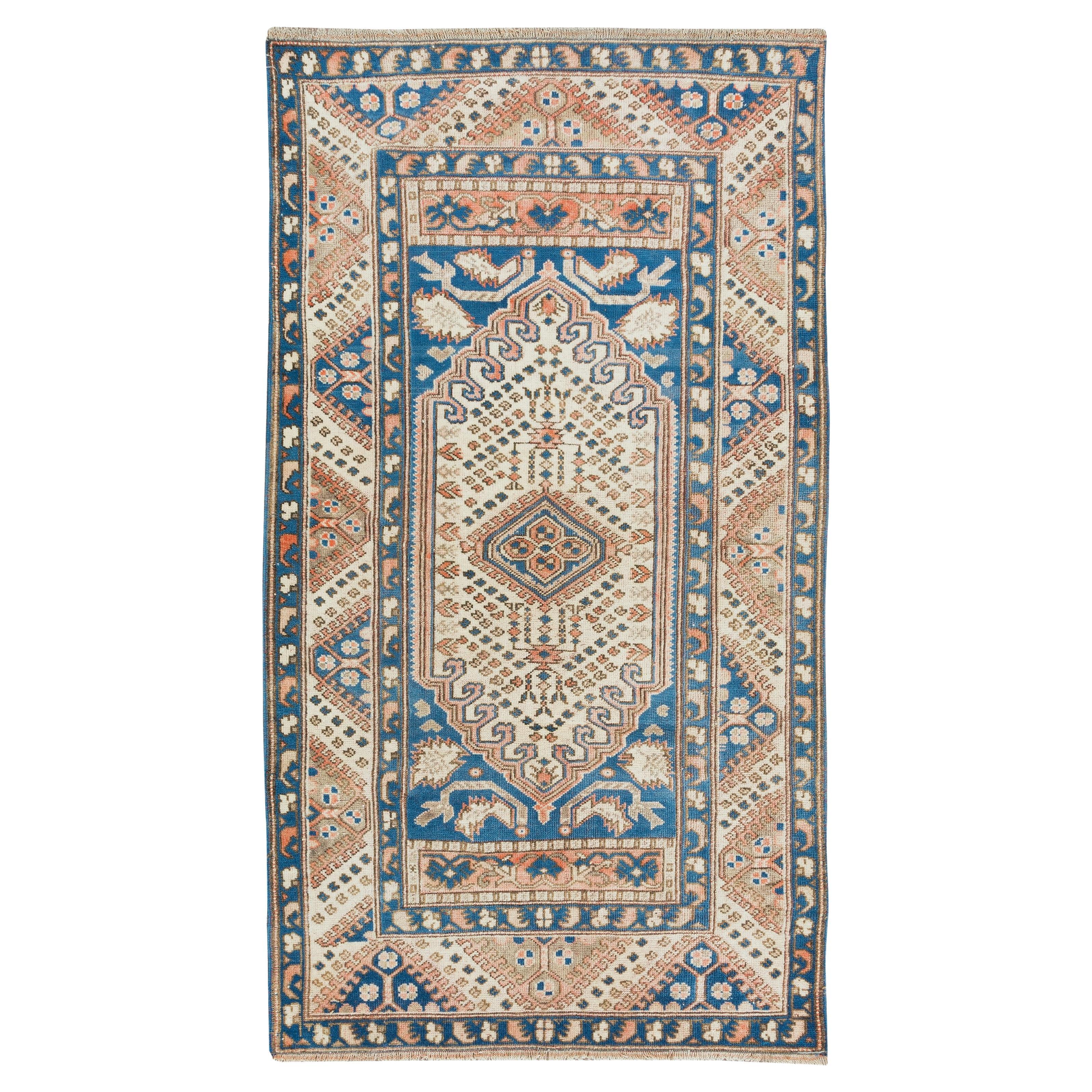 3.4x6.3 Ft Traditioneller geometrischer türkischer Akzentteppich. Handgefertigter Vintage-Teppich