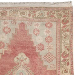 3.4x6.4 Ft Vintage Handmade Oushak Rug. Soft Faded Red, Light Blue, Cream Colors