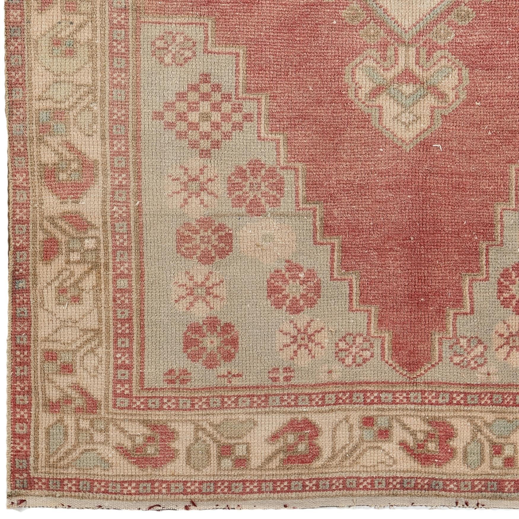 Turkish 3.4x6.4 Ft Vintage Handmade Oushak Rug. Soft Faded Red, Light Blue, Cream Colors For Sale