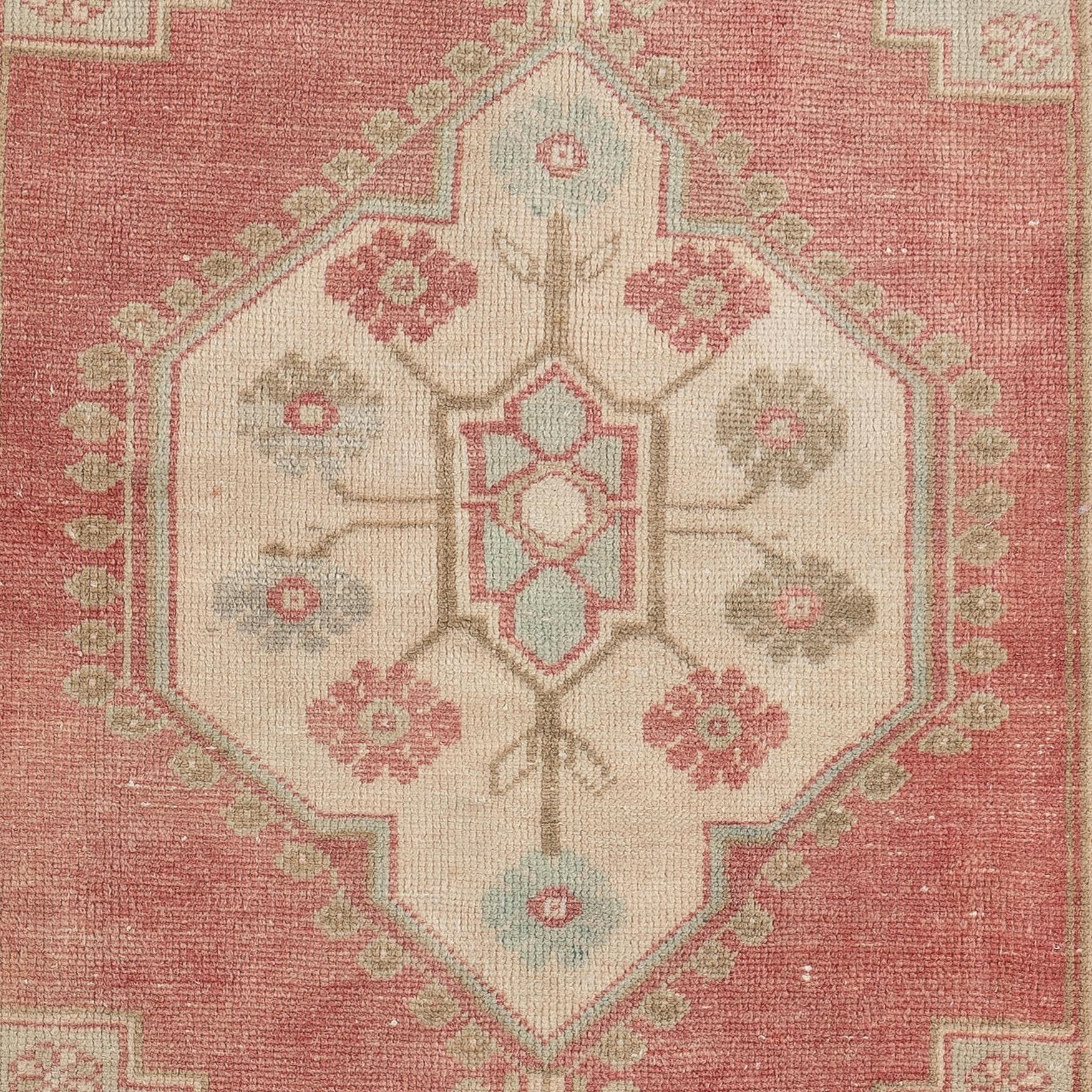 Hand-Knotted 3.4x6.4 Ft Vintage Handmade Oushak Rug. Soft Faded Red, Light Blue, Cream Colors For Sale