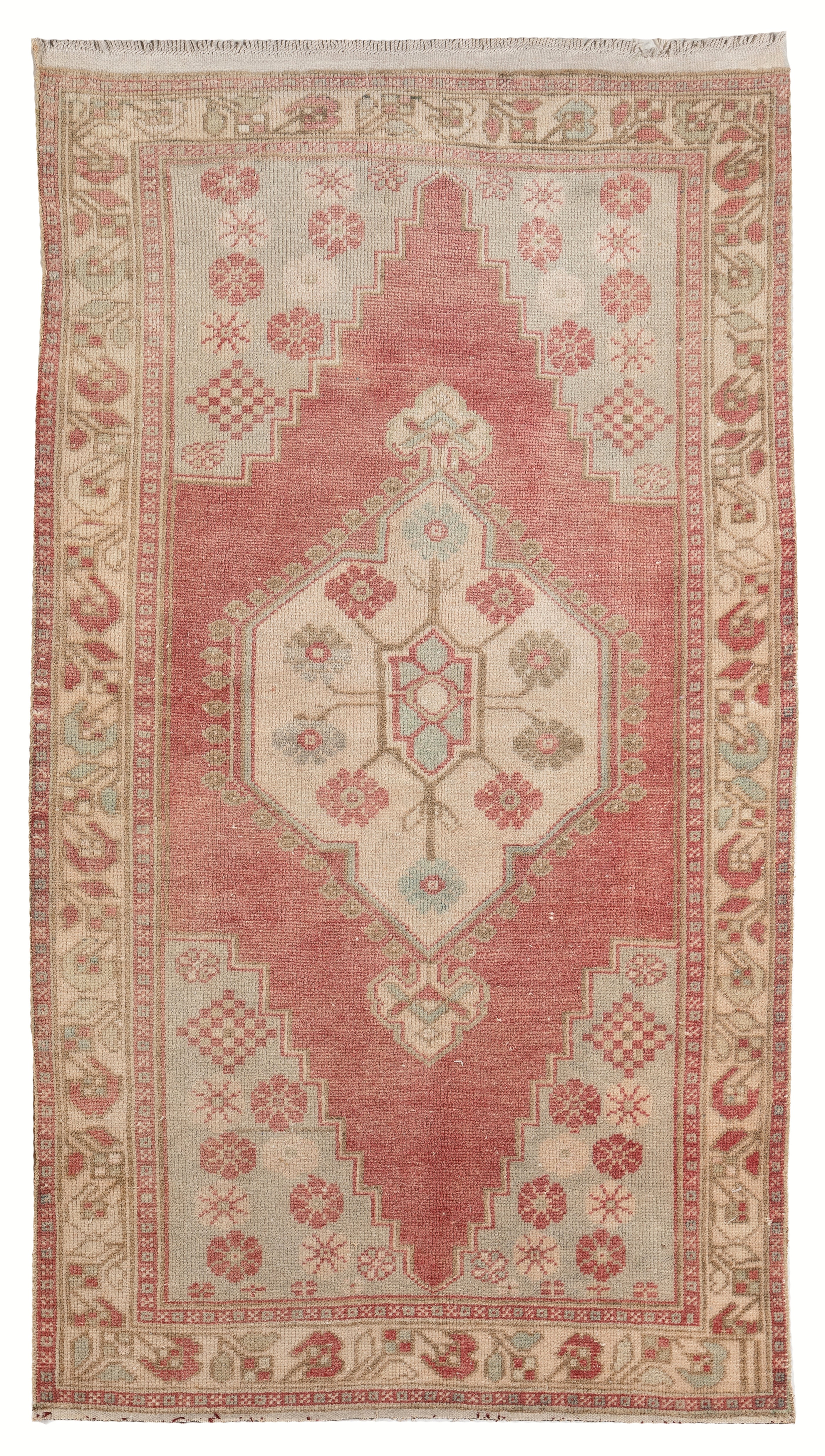 3.4x6.4 Ft Vintage Handmade Oushak Rug. Soft Faded Red, Light Blue, Cream Colors