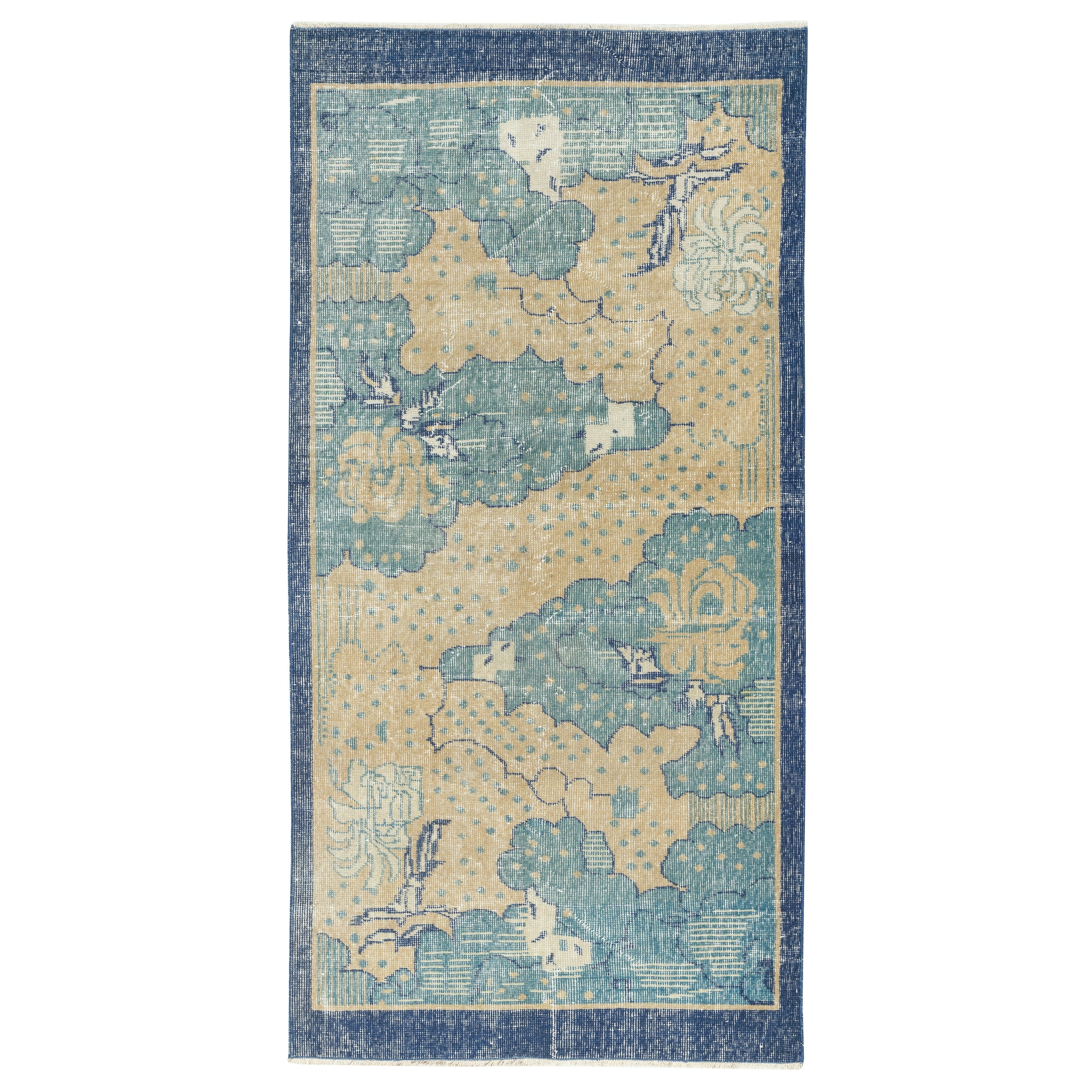 Tappeto vintage Art of Vintage in Beige e Blu, annodato a mano in Turchia in vendita