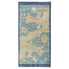 3.4x6.8 Ft Vintage Chinese Art Deco Teppich in Beige und Blau, handgeknüpft in der Türkei