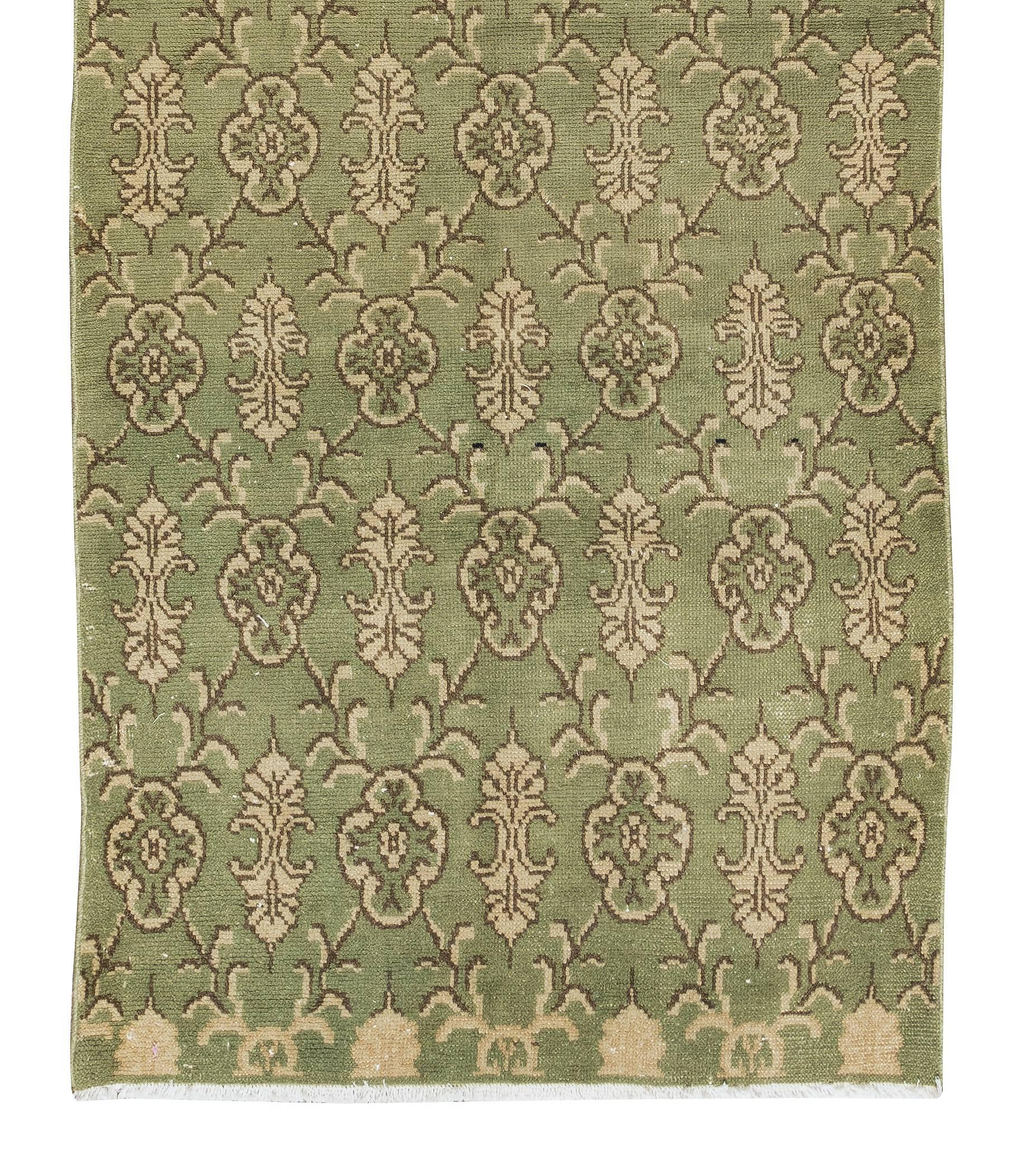 Hand-Knotted 3.4x8 Ft Handmade Vintage Runner Rug in Green & Beige, Ideal for Hallway Decor For Sale