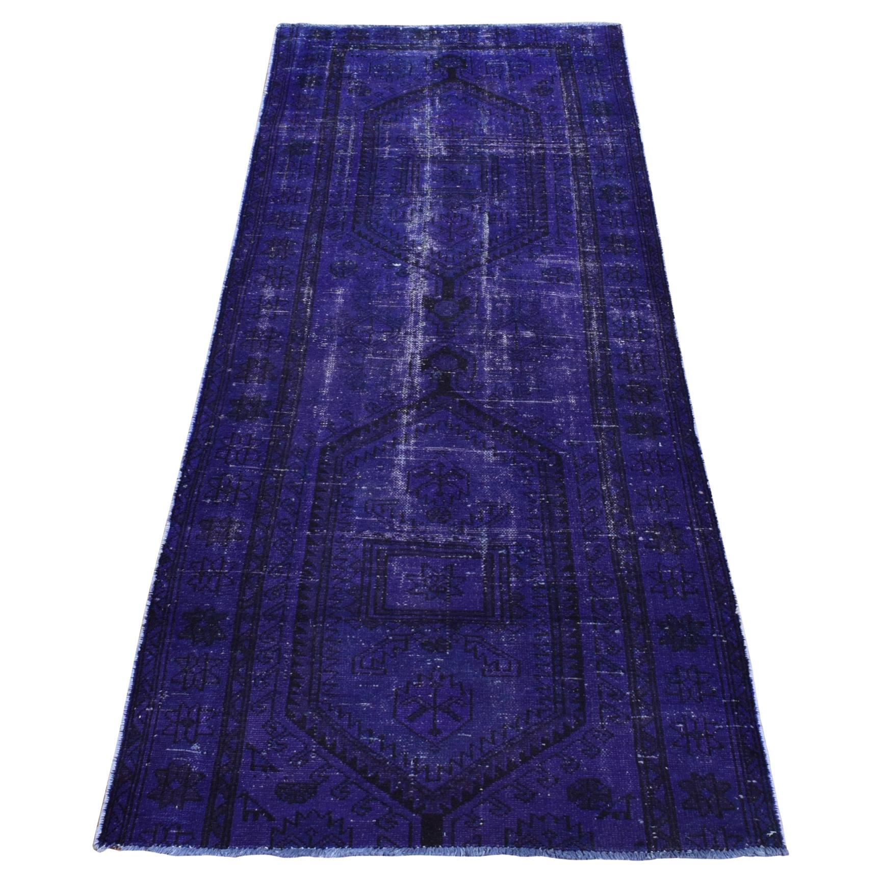 3'4"x8'7" Indigo Overdyed Vintage Persischer Hamadan Handgefertigter Vintage-Läufer aus reiner Wolle