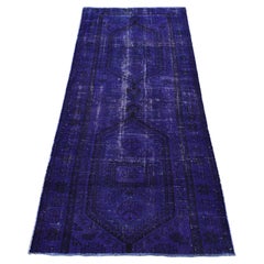 3'4"x8'7" Indigo Overdyed Vintage Persian Hamadan Pure Wool Handmade Runner Rug