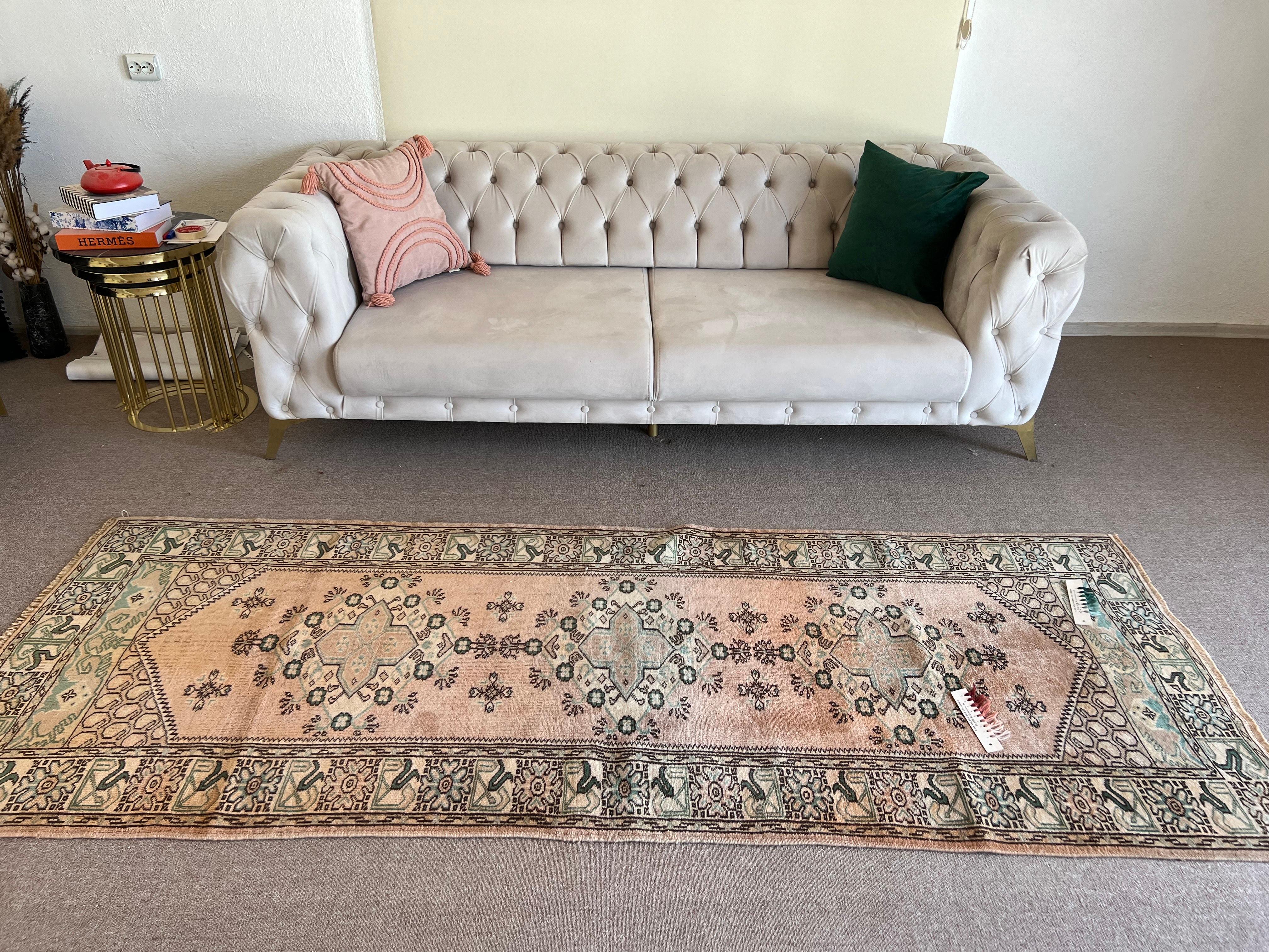 Alfombra de calle turca vintage Kula de 3,4 x 9 pies. Alfombra de pasillo de lana hecha a mano Anudado a mano en venta