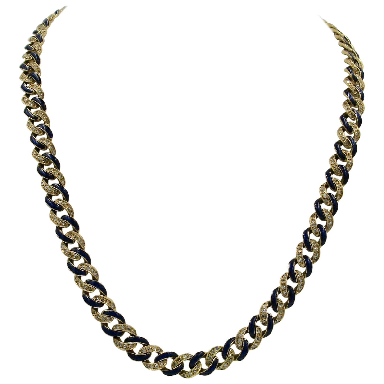 3.5 Carat 327 Diamond Blue Enamel Necklace 18 Karat Gold 83 Grams Modern