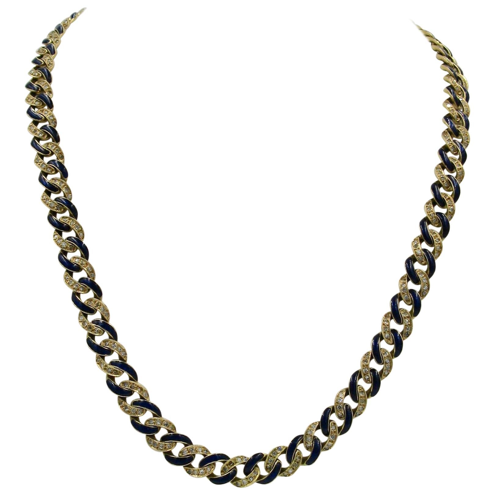 3.5 Carat 327 Diamond Blue Enamel Necklace 18 Karat Gold Modern For Sale