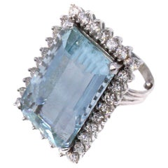 Vintage 35 Carat Aquamarine Diamond Platinum Ring