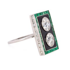 3.5 Carat Art Deco Twin Old European Diamond, Onyx and Emerald Ring