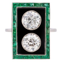 3.5 Carat Art Deco Twin Old European Diamond, Onyx and Emerald Ring